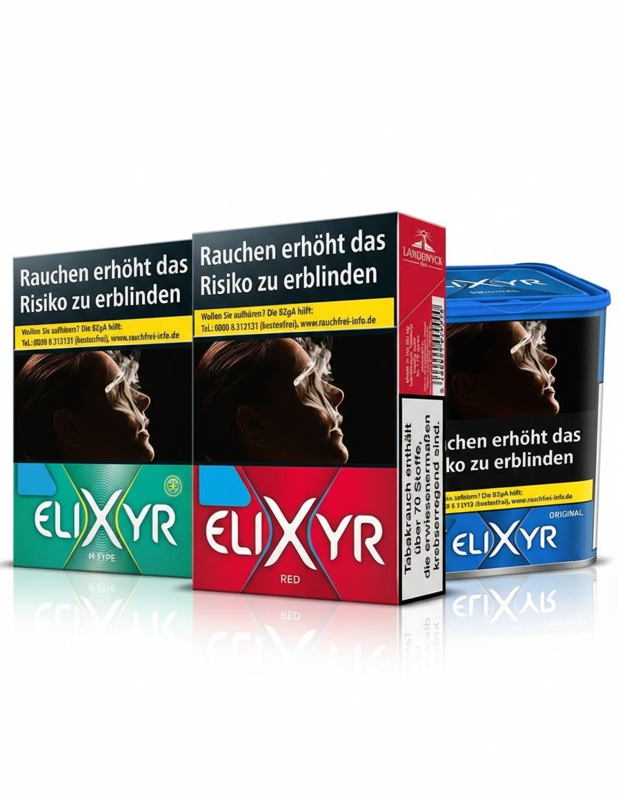 Elixyr Produkte: Zigarettenschachteln in Grün und Rot sowie Tabakdose