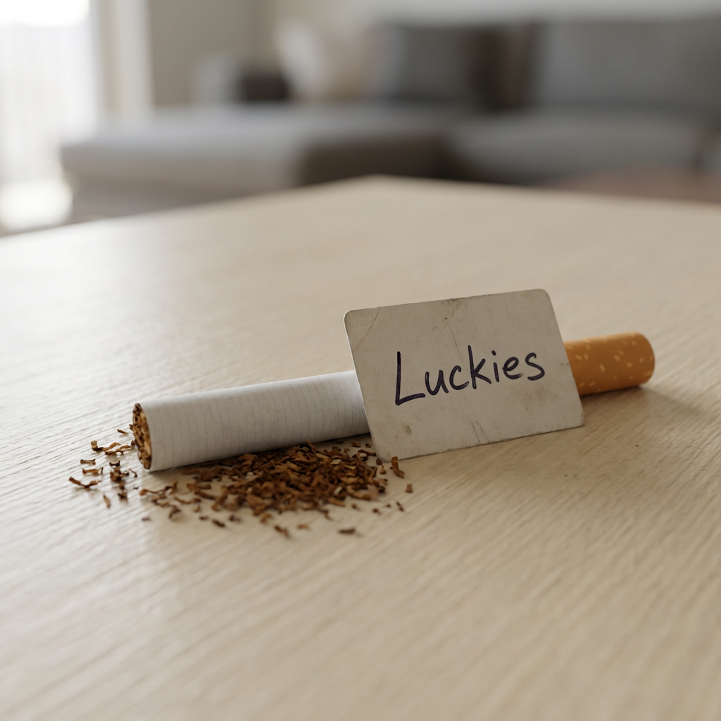 Auf einem hellen Tisch liegt eine einzelne Zigarette in einer kleinen Tabakspur, davor steht ein handbeschriftetes Kärtchen mit der Aufschrift „Luckies“. Im Hintergrund ist unscharf ein Sofa zu erkennen.