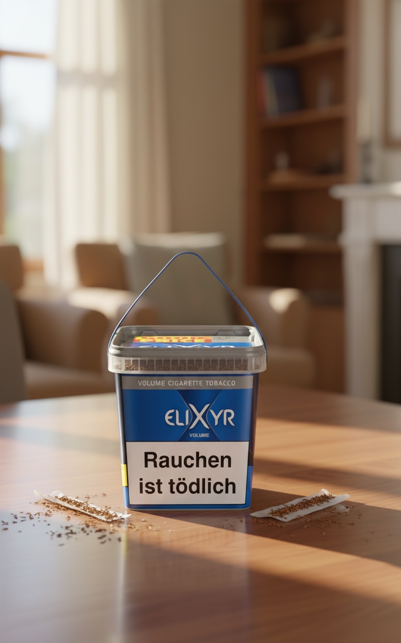 Elixyr Tabakdose Blau auf Holztisch im Wohnzimmer mit Kamin