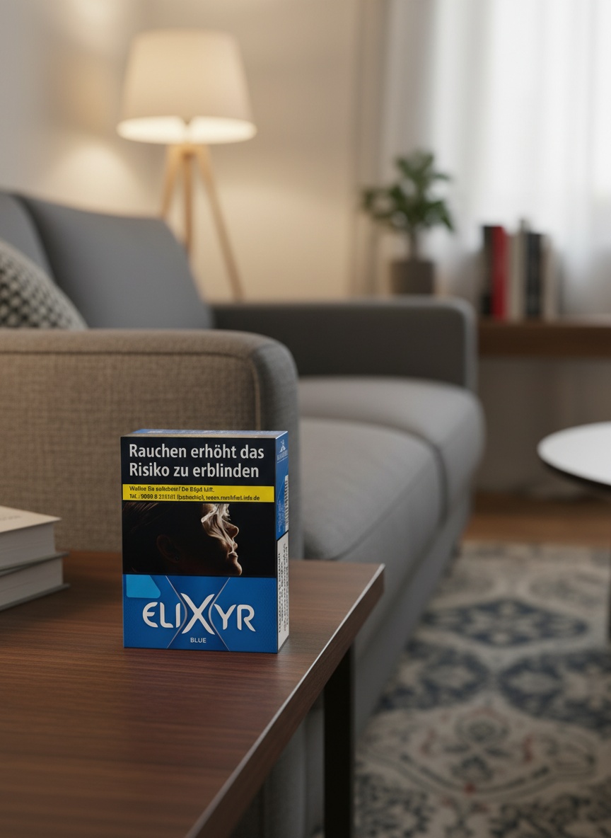 Elixyr Zigarettenschachtel Blau auf Beistelltisch neben Sofa