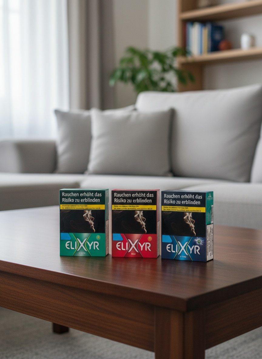 Drei Elixyr Zigarettenschachteln auf Holztisch im Wohnzimmer