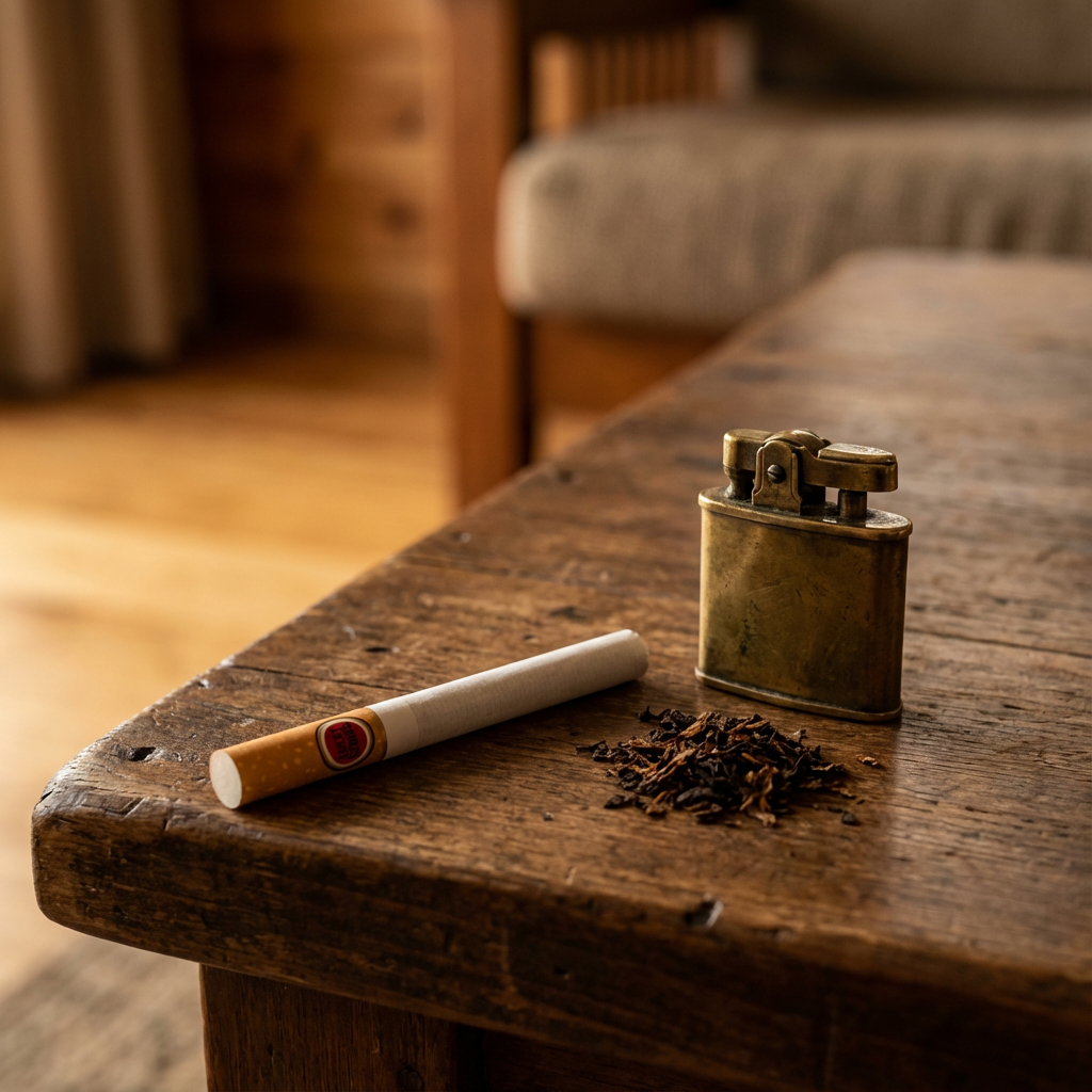 Auf einem dunklen Holztisch liegen eine weiße Zigarette mit orangefarbenem Filter, ein kleiner Haufen loser Tabak und ein altes, geöffnetes Metallfeuerzeug. Im warmen, unscharfen Hintergrund sind ein Stuhl und ein Holzmöbelstück zu sehen.