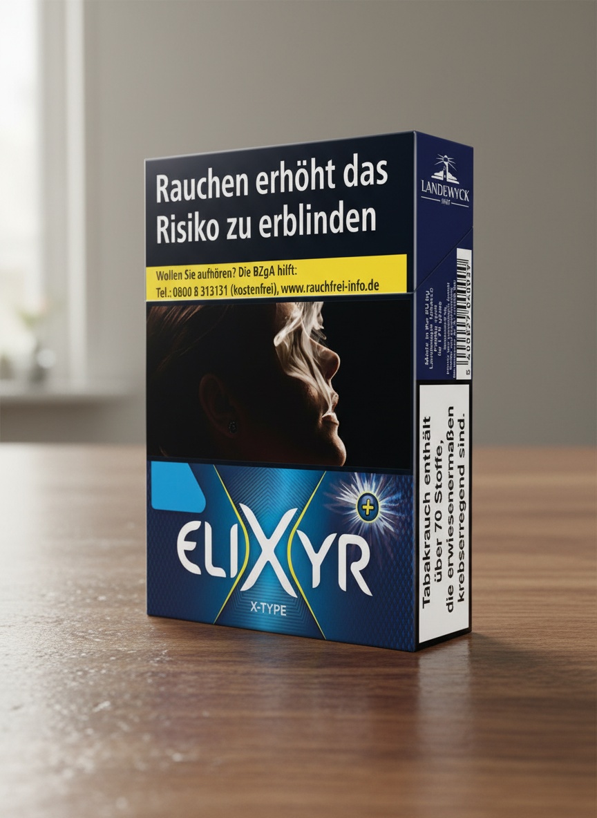 Elixyr Zigarettenschachtel Blau Nahaufnahme auf Holztisch