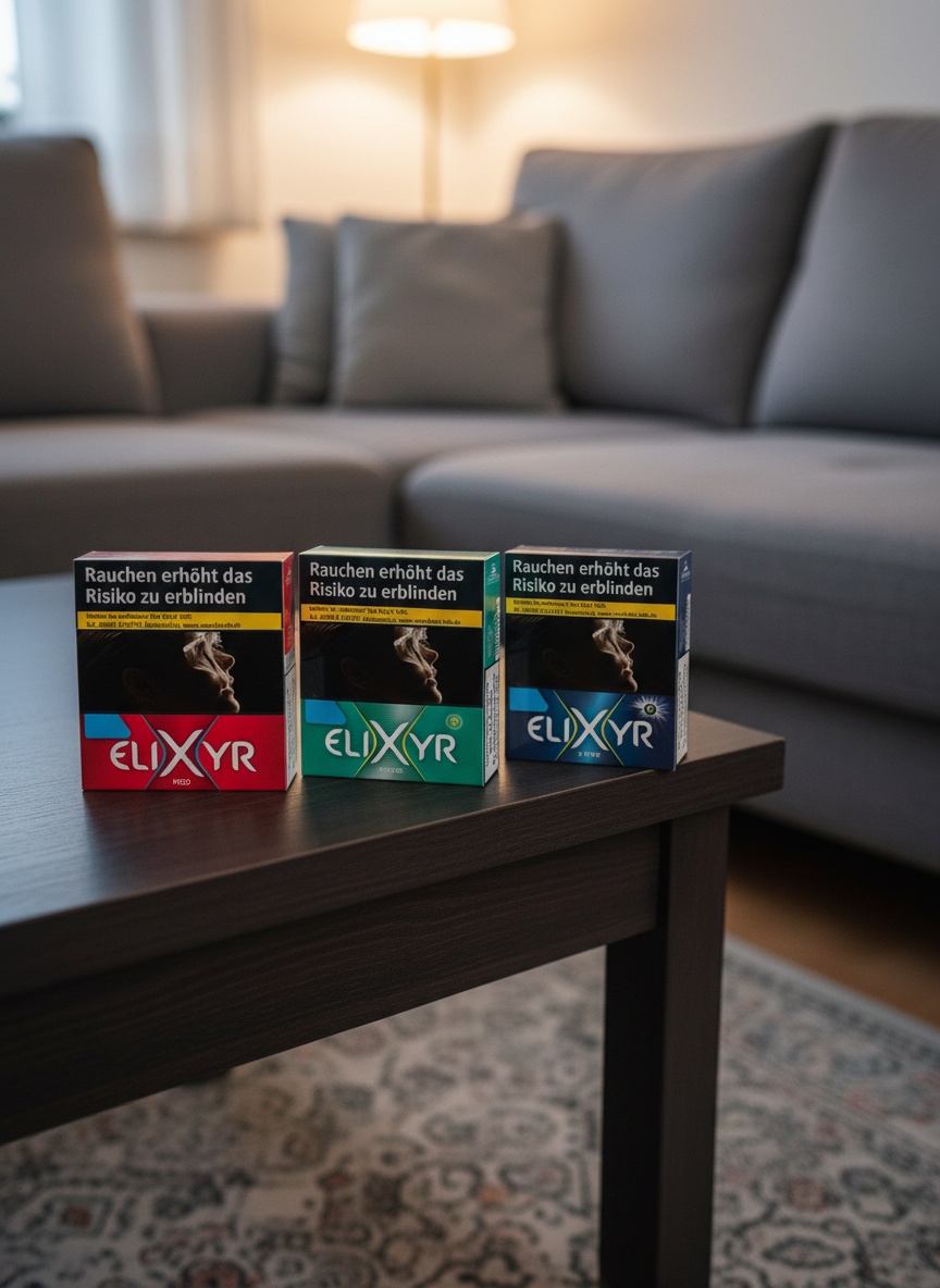 Drei Elixyr Tabakdosen in Rot, Grün und Blau auf Tisch im Wohnzimmer