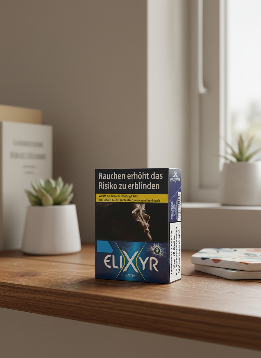 Elixyr Zigarettenschachtel Blau auf Holzfensterbank mit Pflanzen