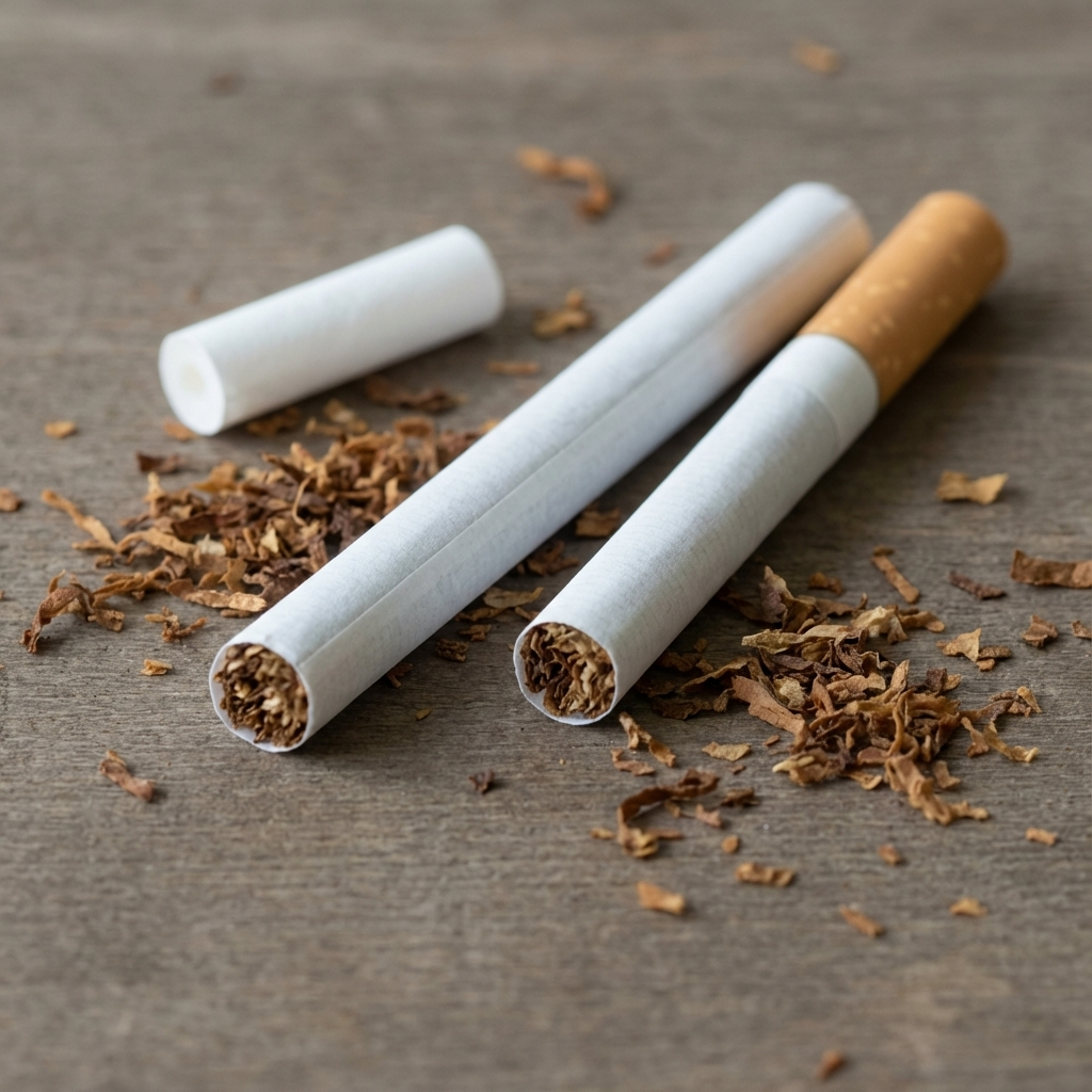 Zwei Zigaretten und eine lose Filterhülse liegen zwischen verstreuten Tabakresten auf einer grauen Oberfläche; eine Zigarette ist teilweise zusammengesteckt, die andere offen mit sichtbarem Tabakende.