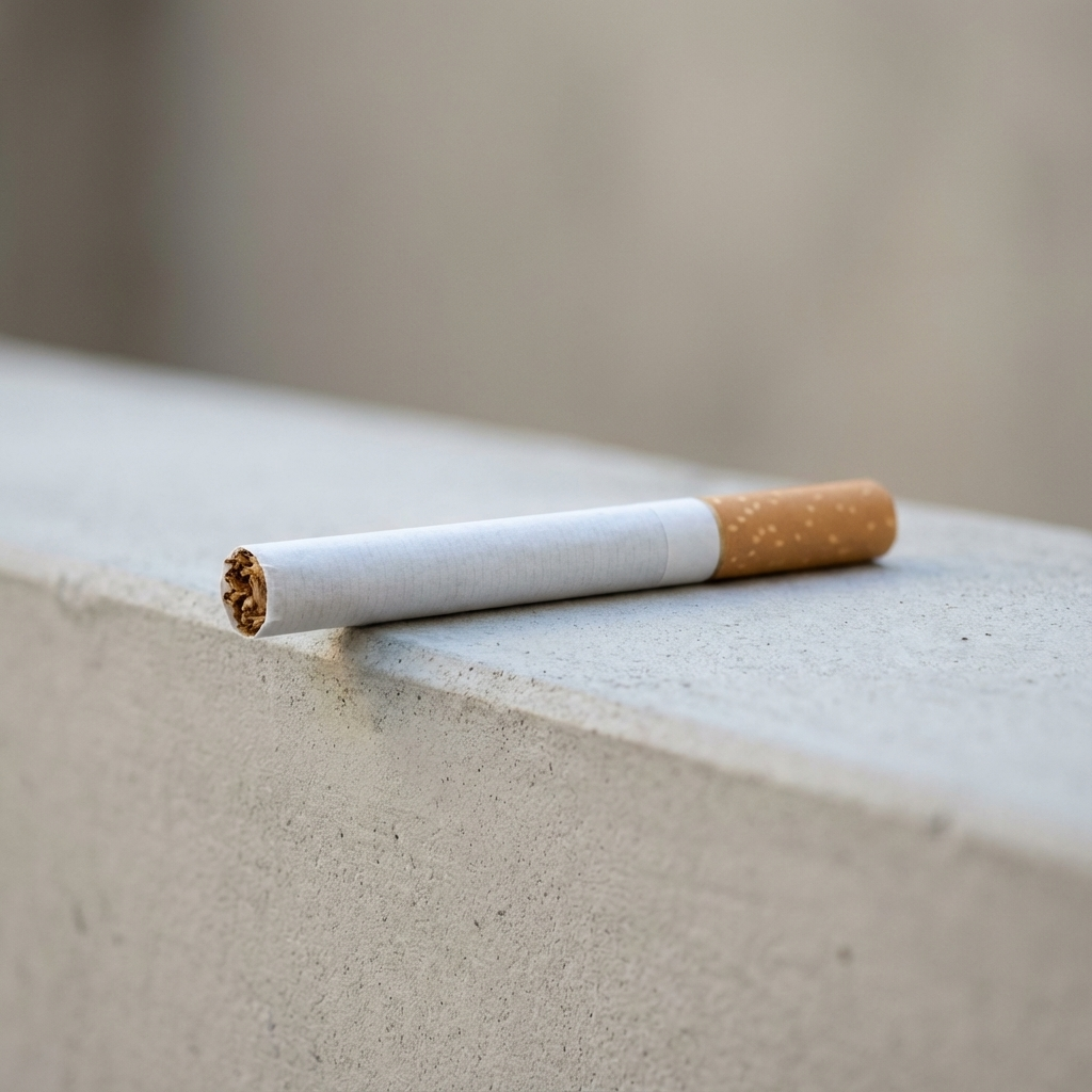 Eine einzelne Zigarette liegt auf einer hellen Betonkante vor unscharfem Hintergrund. Der Filter zeigt nach rechts, das offene Tabakende nach links.