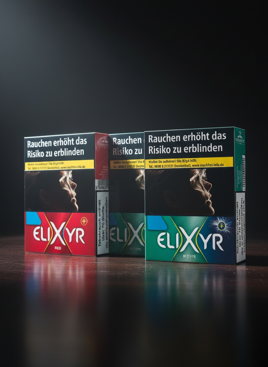 Drei Elixyr Zigarettenschachteln im Spotlight auf Holztisch in dunkler Umgebung