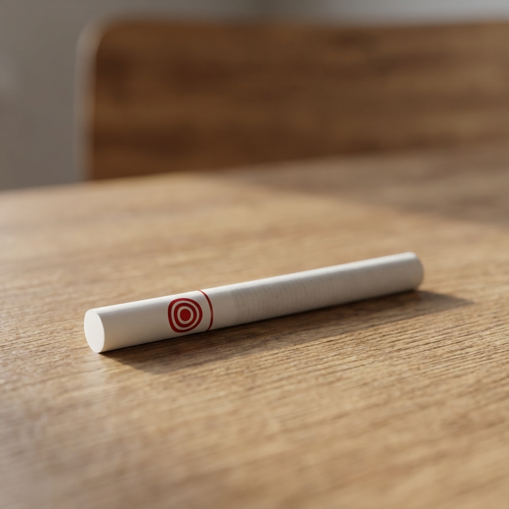 Eine schlanke weiße E-Zigarette oder ein vape-ähnliches Gerät mit rotem Ringsymbol liegt schräg auf einem Holztisch, der Hintergrund ist weich unscharf.