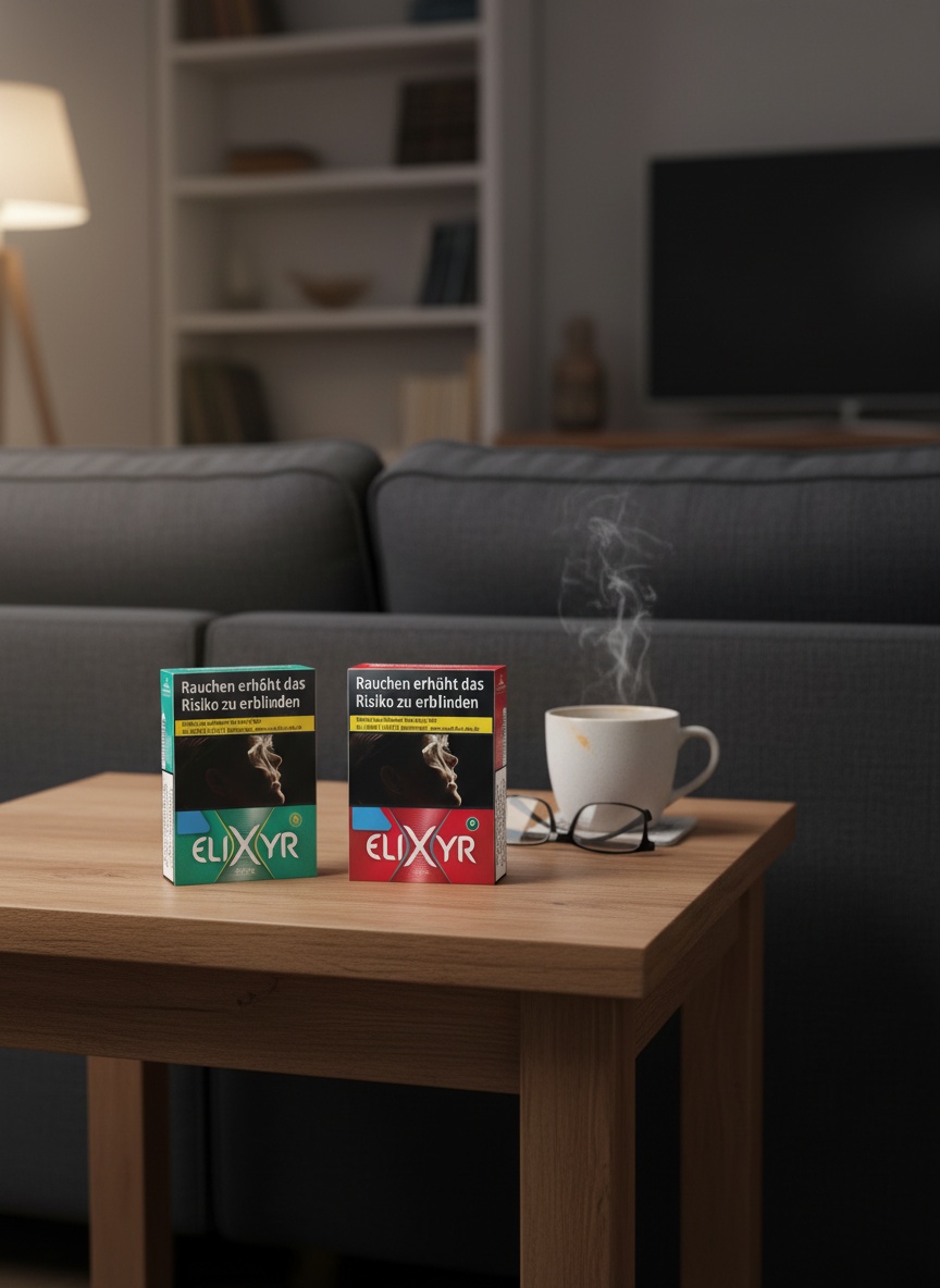 Elixyr Zigarettenschachteln Rot und Grün mit Tasse und Brille auf Holztisch