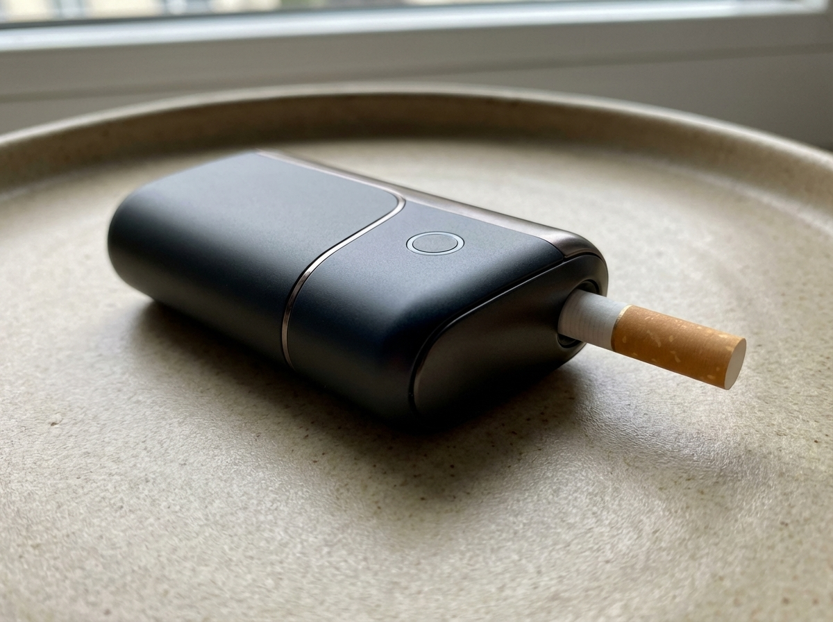 Ein schwarzes, abgerundetes elektronisches Rauchgerät liegt auf einer hellen runden Oberfläche vor einem Fenster. In die Öffnung an der Seite ist eine kurze Zigarette oder Tabakstick mit Filter eingesteckt.