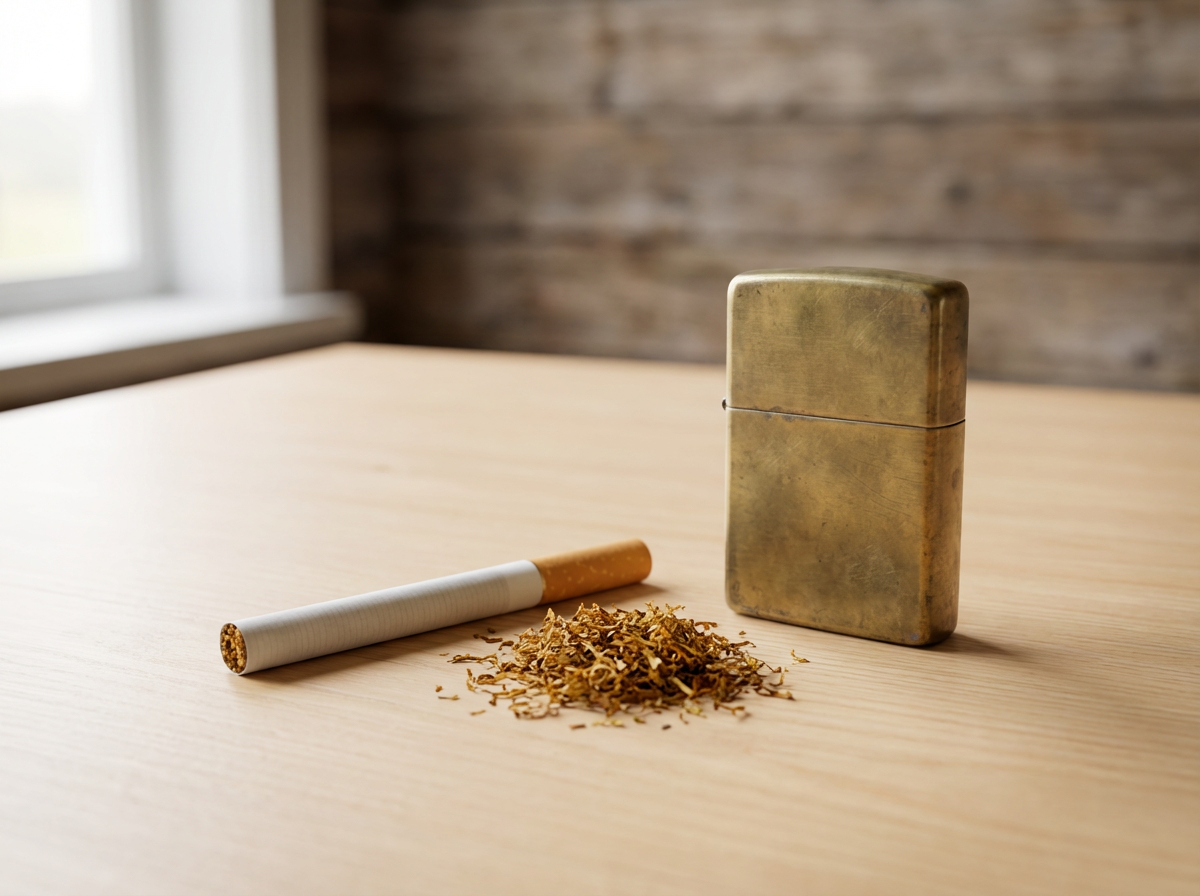 Auf einem hellen Holztisch liegen eine einzelne Zigarette, ein kleiner Haufen loser Tabak und ein aufrecht stehendes, abgenutztes Metallfeuerzeug. Im Hintergrund sind ein Fenster und eine Holzwand unscharf zu sehen.
