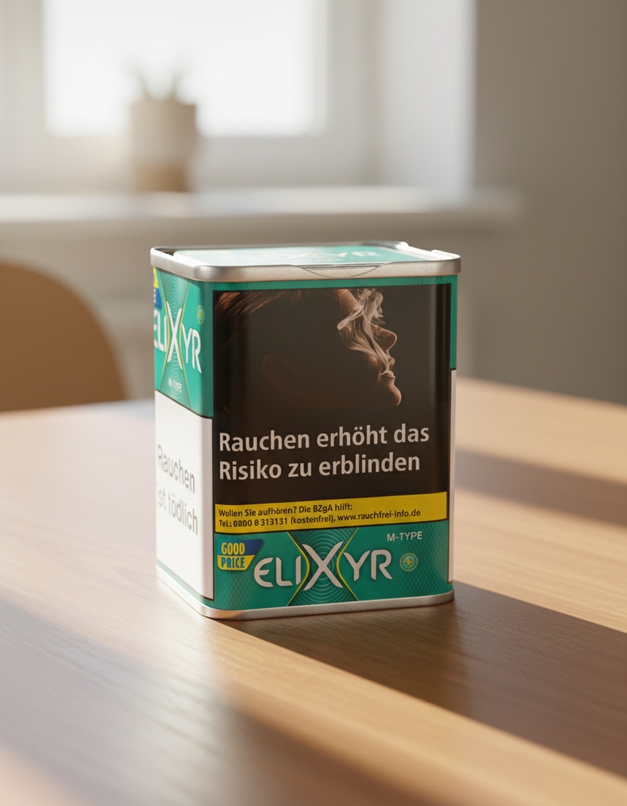 Tabakdose mit Warnhinweis in heller Wohnumgebung