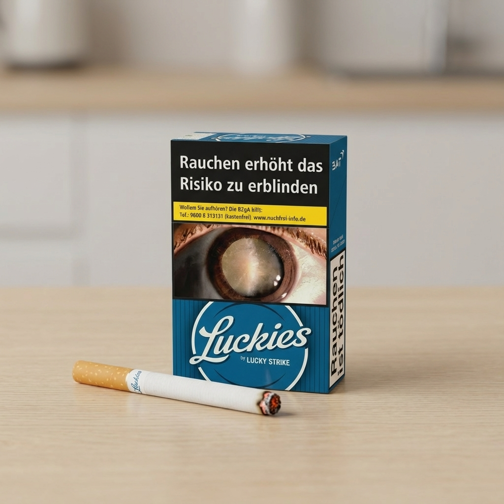 Auf einem hellen Tisch stehen eine Zigarettenschachtel der Marke „Luckies“ mit großem Warnhinweis und Augenmotiv sowie davor eine einzelne Zigarette mit leicht verglühter Spitze. Der Hintergrund ist unscharf und zeigt eine helle Innenraumkulisse.
