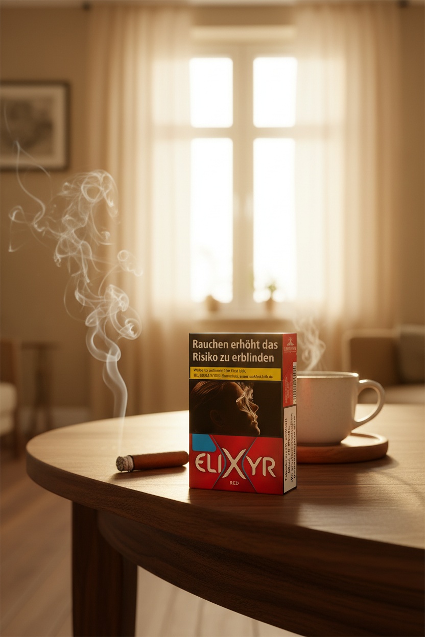 Elixyr Zigarettenschachtel mit rauchender Zigarette und Tasse auf Tisch