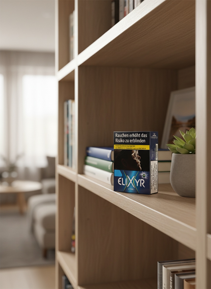 Elixyr Zigarettenpackung im Regal neben Büchern