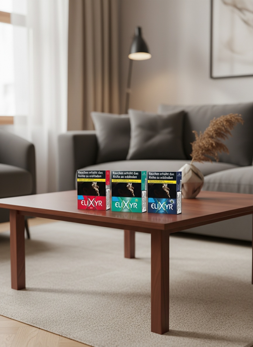 Drei Elixyr Zigarettenschachteln auf modernem Couchtisch im Wohnzimmer