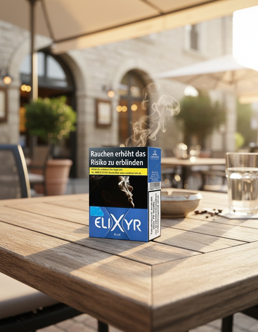 Elixyr Zigarettenpackung auf Gartentisch mit Glas Wasser und Café im Hintergrund
