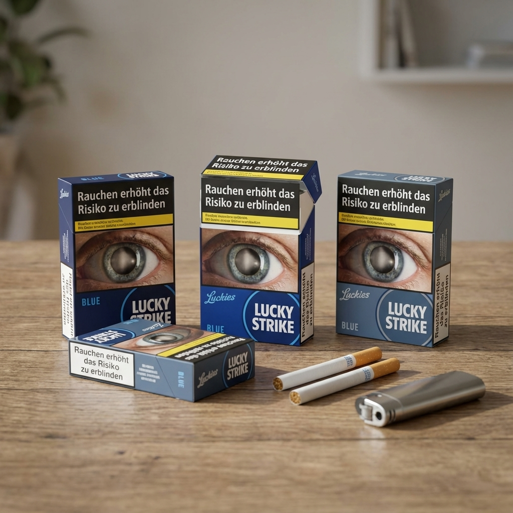 Mehrere blaue Zigarettenschachteln mit großem Warnhinweis und Augenmotiv stehen auf einem Holztisch. Davor liegen zwei Zigaretten, ein silbernes Feuerzeug und eine weitere flach liegende Schachtel. Im Hintergrund ist ein unscharfer Innenraum zu sehen.