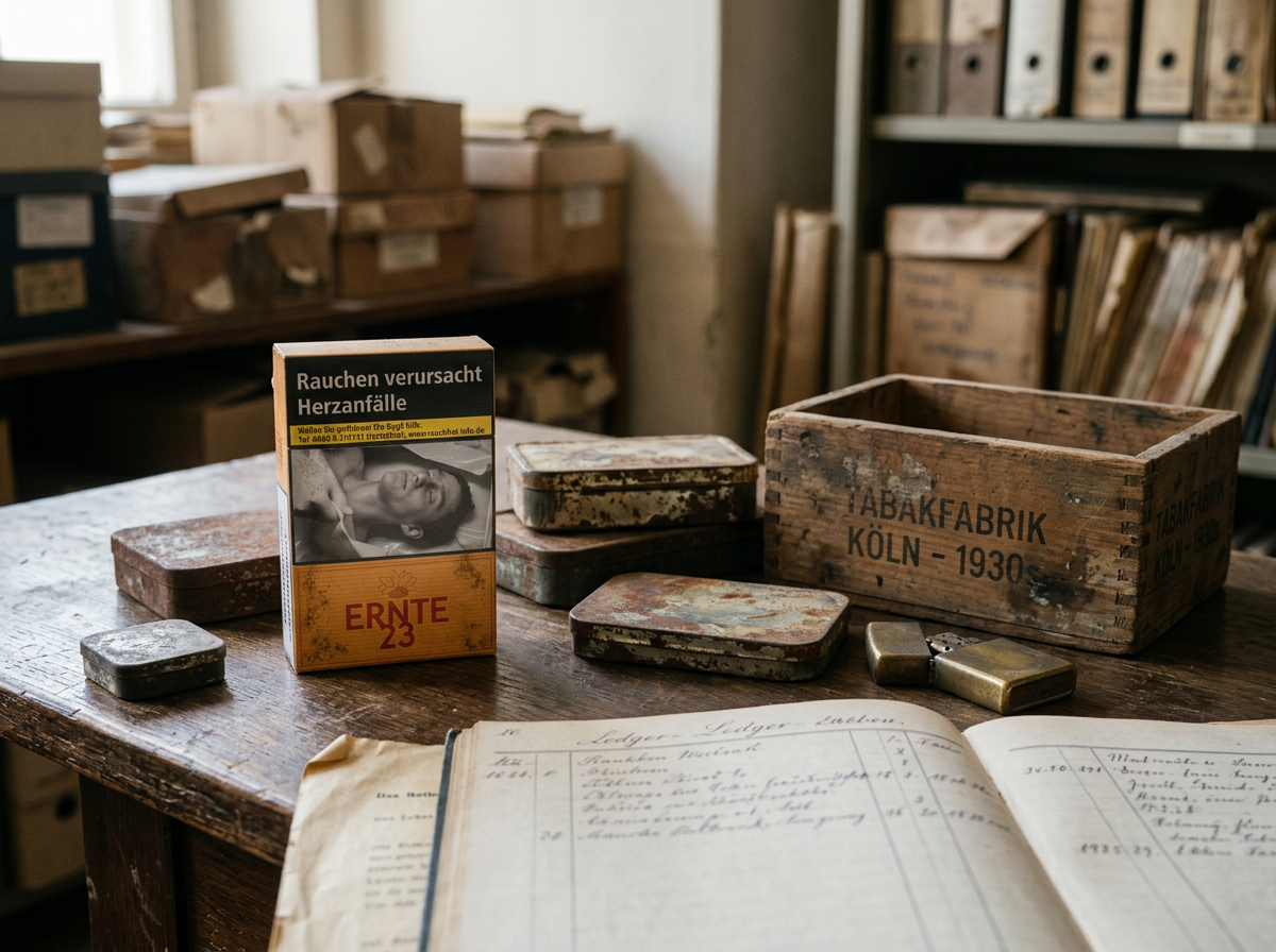Packung Ernte 23 in einem historischen Archiv mit alten Tabakdosen und einer Holzkiste „Tabakfabrik Köln 1930"
