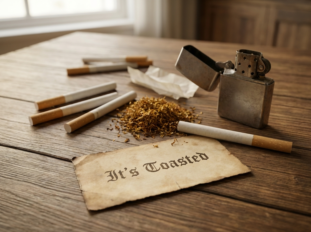 Auf einem rustikalen Holztisch liegen mehrere Zigaretten, ein offenes Metallfeuerzeug, lose Tabakkrümel, ein Papier und eine gealtert wirkende Karte mit der Aufschrift „It’s Toasted“.