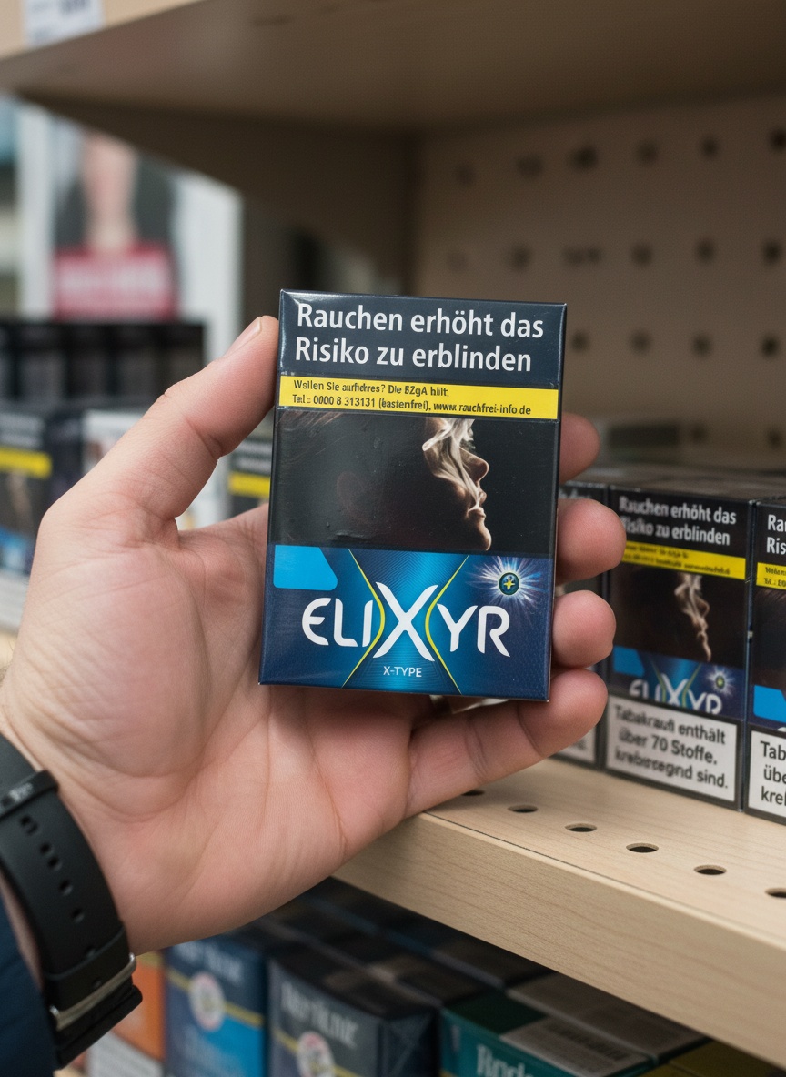 Elixyr Zigarettenschachtel Blau in Hand vor Supermarktregal