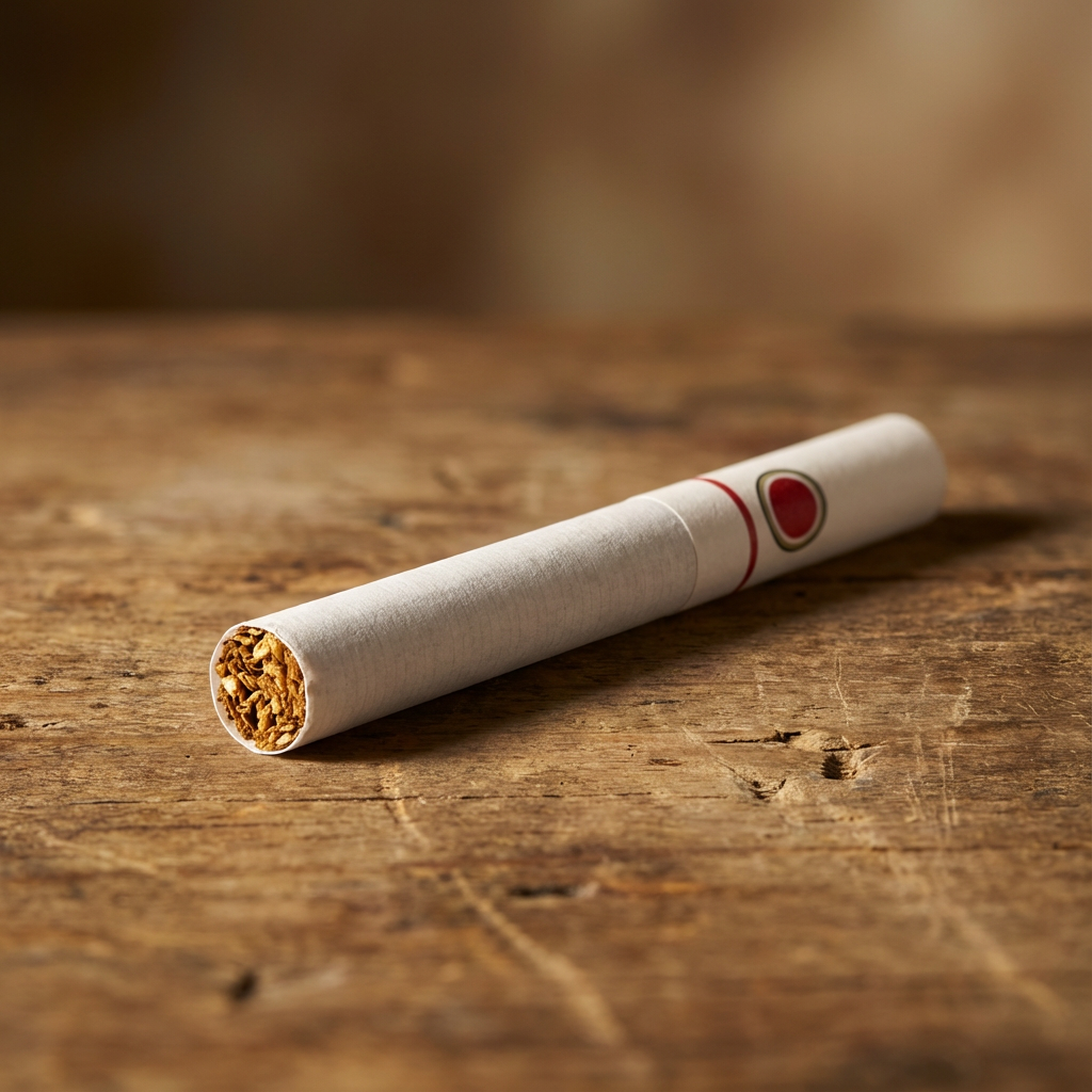 Nahaufnahme einer einzelnen weißen Zigarette mit rotem Ring auf einer rustikalen Holzoberfläche. Das offene Ende zeigt den braunen Tabak, während der Hintergrund weich unscharf in warmen Brauntönen verschwimmt.