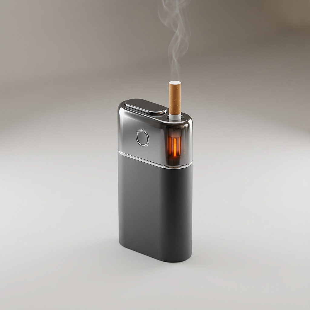 Ein modernes schwarzes Tabakerhitzer-Gerät steht vor hellem Hintergrund, oben steckt ein Tabakstick, aus dem Rauch aufsteigt. An der transparenten Oberseite ist ein orange leuchtendes Heizelement sichtbar.
