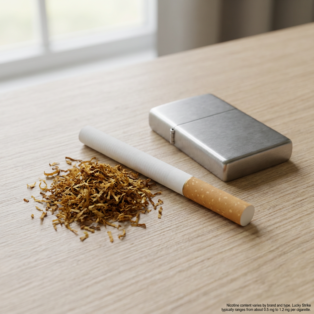 Auf einem hellen Holztisch liegen ein kleiner Haufen loser Tabak, eine einzelne Zigarette und ein silbernes Feuerzeug. Im Hintergrund ist ein Fenster zu sehen; unten rechts steht ein sehr kleiner Warnhinweistext.