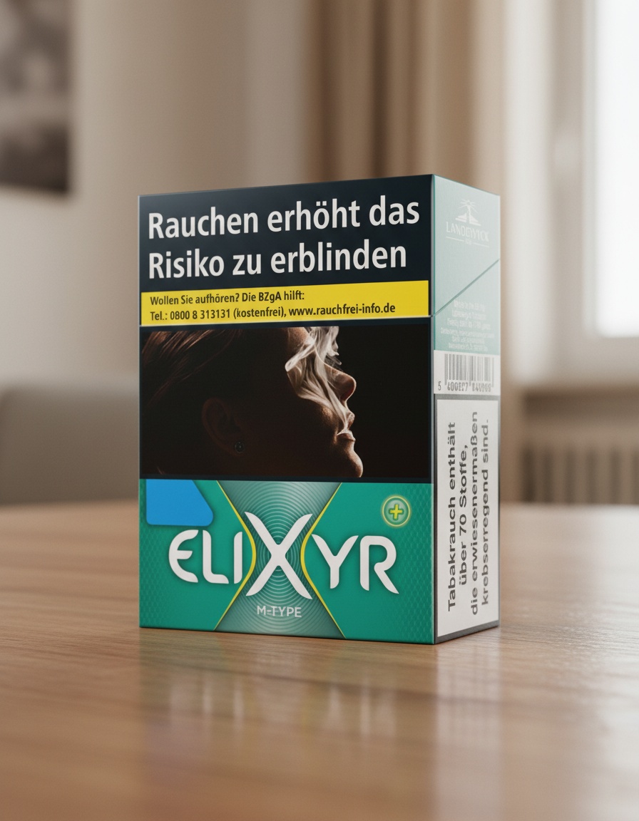 Elixyr Zigarettenschachtel Grün auf Holztisch im Tageslicht