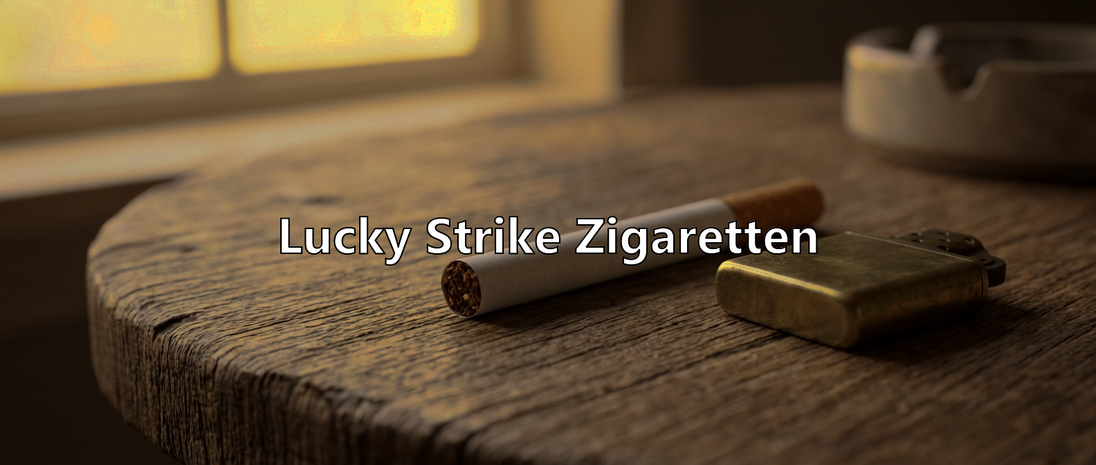 Auf einem rustikalen Holztisch liegen eine einzelne Zigarette und ein abgenutztes Metallfeuerzeug, im unscharfen Hintergrund ist ein Aschenbecher zu sehen. Über dem Bild steht mittig der eingeblendete Text „Lucky Strike Zigaretten“