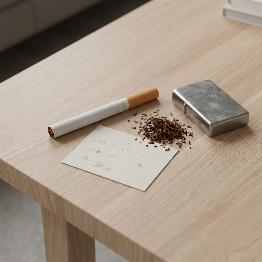 Auf einem hellen Holztisch liegen eine einzelne Zigarette, ein silbernes Feuerzeug, ein kleiner Haufen loser Tabak und ein leeres Kärtchen. Im Hintergrund ist ein unscharfer Wohnraum zu sehen.