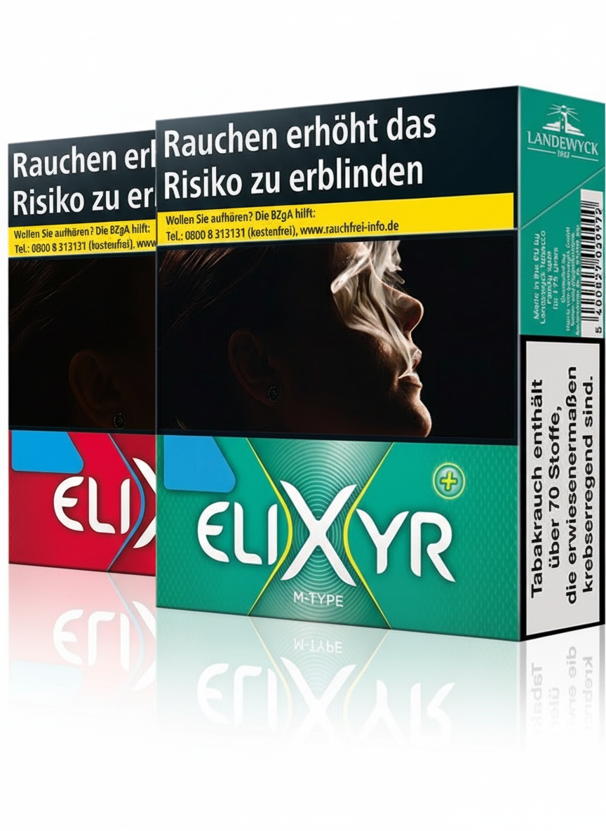 Elixyr Zigarettenschachteln Rot und Grün nebeneinander auf weißem Hintergrund