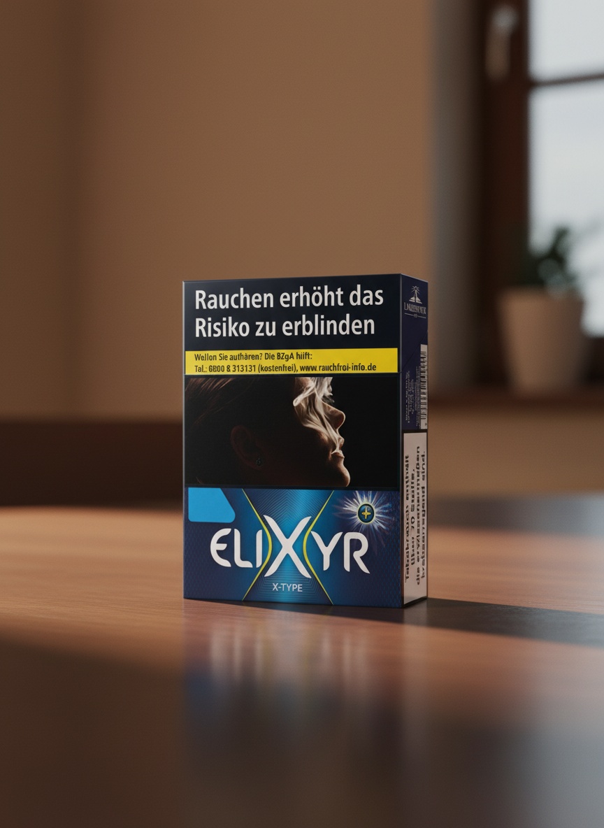Elixyr Zigarettenschachtel Blau auf Holztisch vor Fenster