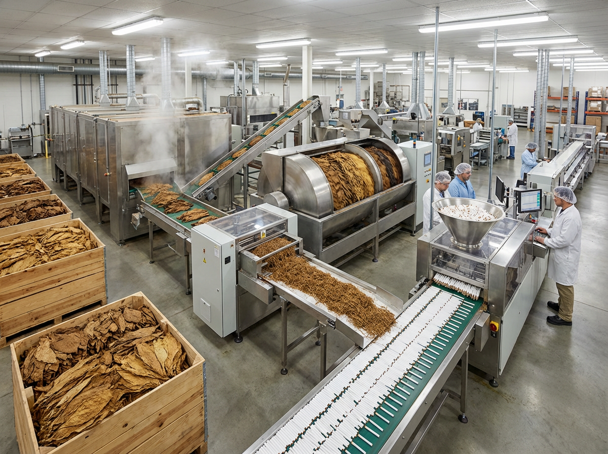 Große Fabrikhalle zur Tabakverarbeitung mit Förderbändern, Maschinen und mehreren Mitarbeitenden in Schutzkleidung. In großen Holzkisten lagern Tabakblätter, während der Tabak maschinell durch die Produktionslinie transportiert und verarbeitet wird.