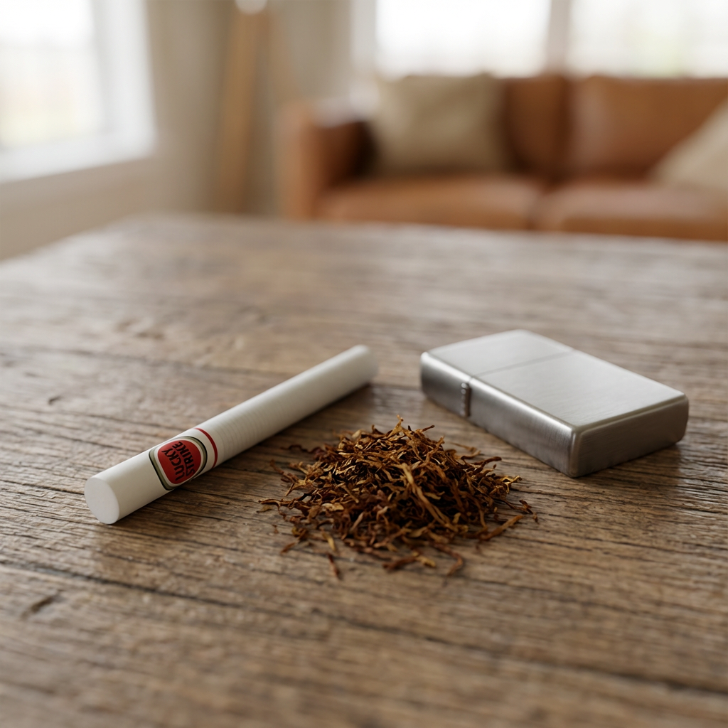 Auf einem rustikalen Holztisch liegen eine weiße E-Zigarette oder ein vape-ähnliches Gerät mit rotem Emblem, ein kleiner Haufen loser Tabak und ein silbernes Feuerzeug. Im unscharfen Hintergrund ist ein Sofa in warmem Licht zu sehen.