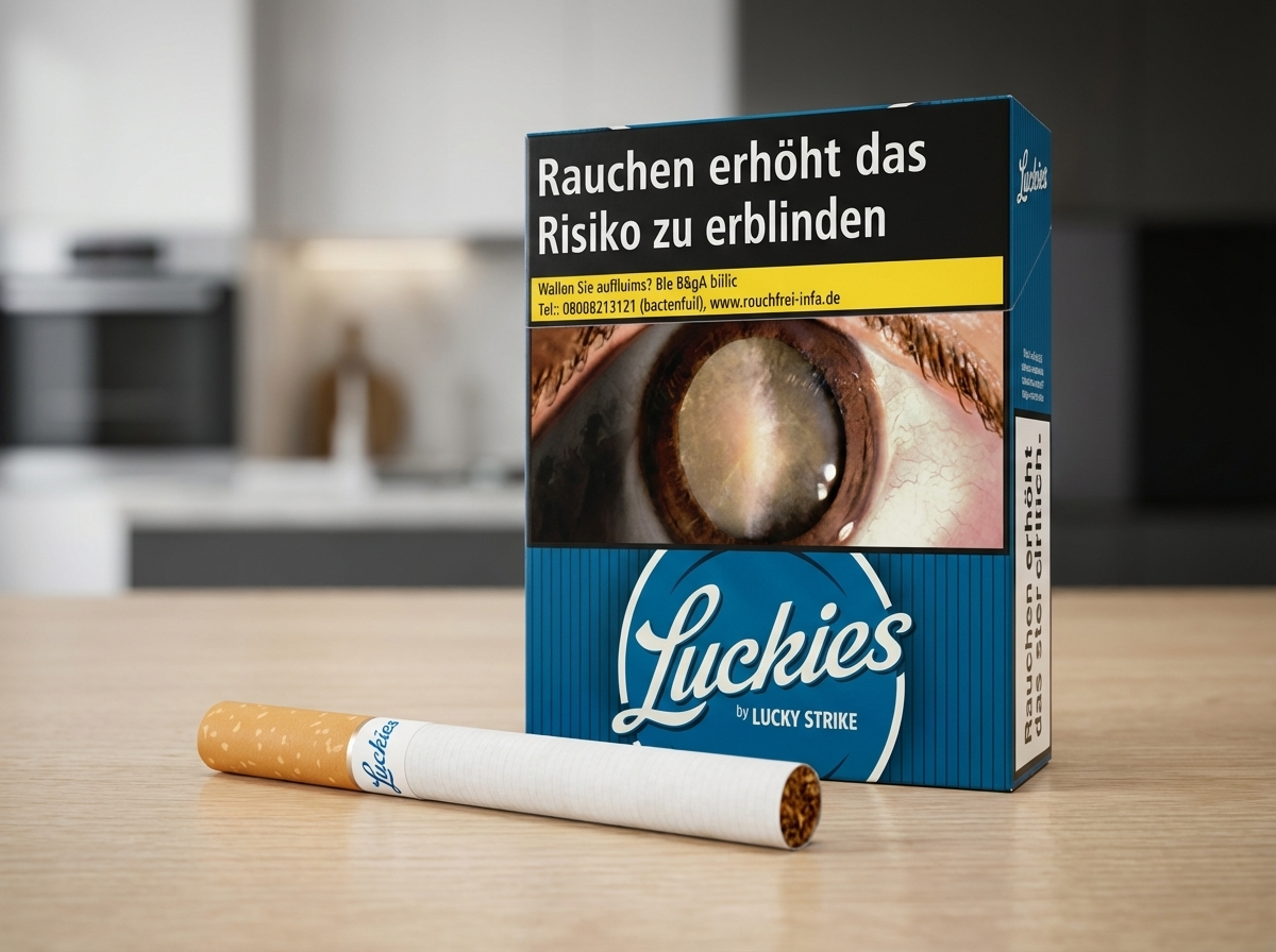 Auf einem hellen Tisch stehen eine Zigarettenschachtel der Marke „Luckies“ mit großem Warnhinweis und Augenmotiv sowie davor eine einzelne Zigarette. Im Hintergrund ist eine unscharfe Küche zu sehen.